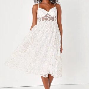 Darling Romance White Tulle Floral Appliqué Bustier Midi Dress Lulu’s